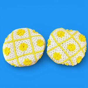 Vintage Crochet Round Set Of 2 Handmade Floral Yellow & White Pillows